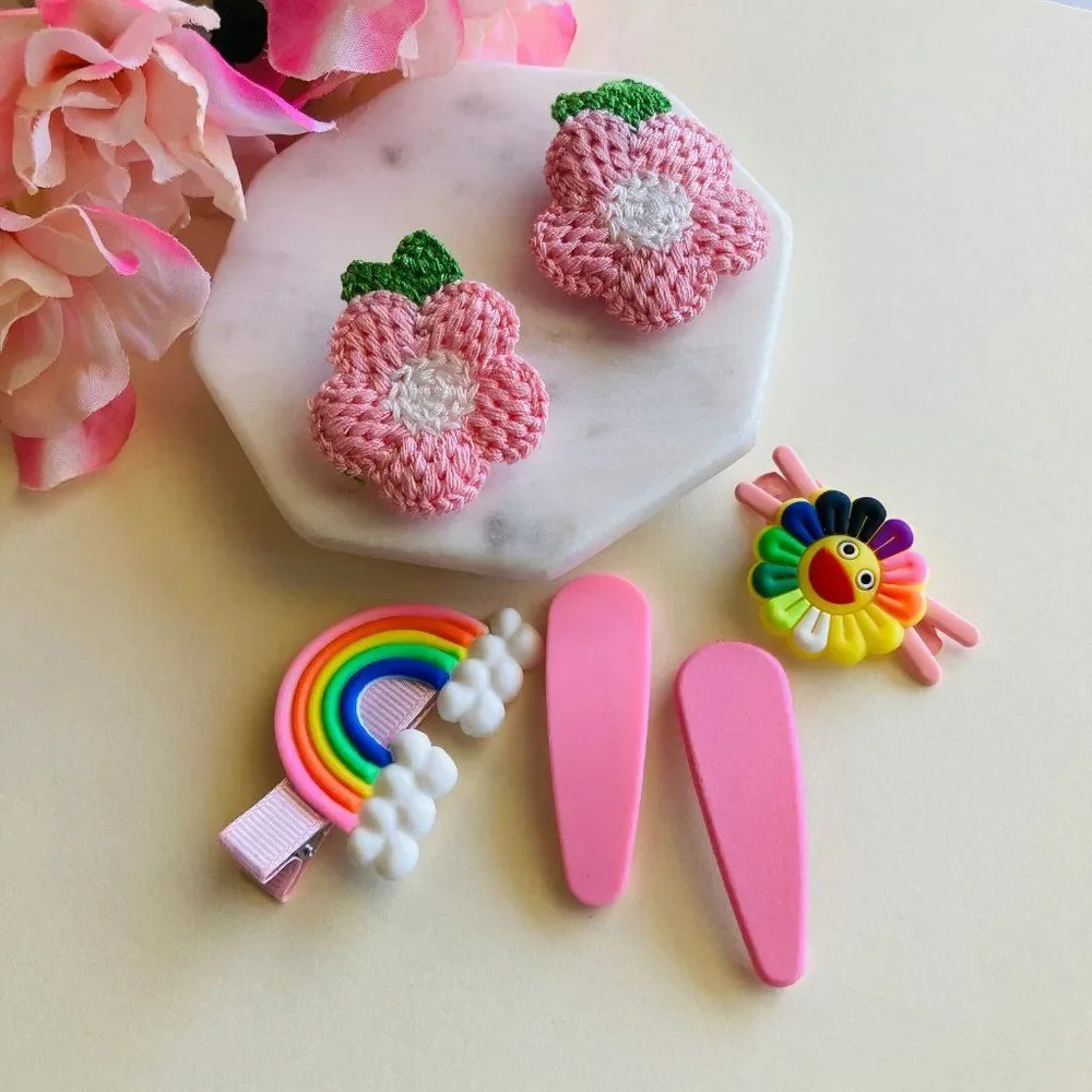 Set of 6 Knit Flower Hair Clip, Pink Snap Clips for Girls & Toddler Barrettes